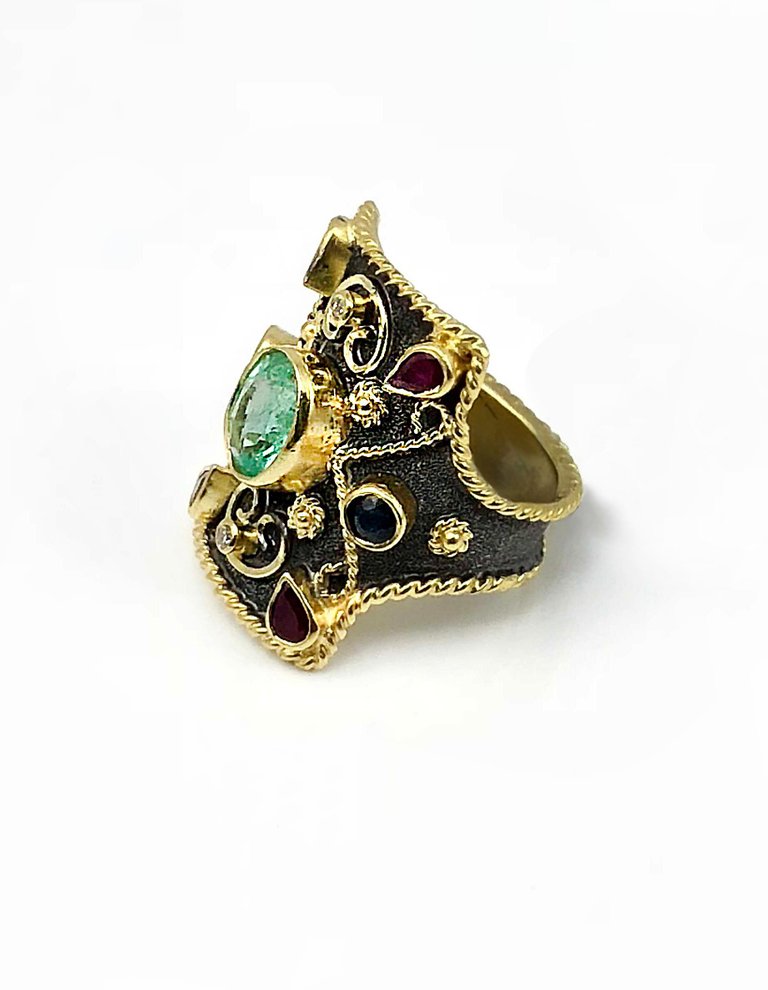 18 Karat Gold Emerald Ruby Sapphire and Black Rhodium Ring