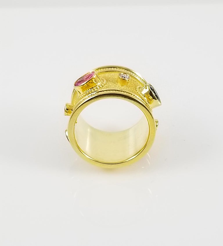 18 Karat Yellow Gold Diamond and Multi Sapphire Band Ring