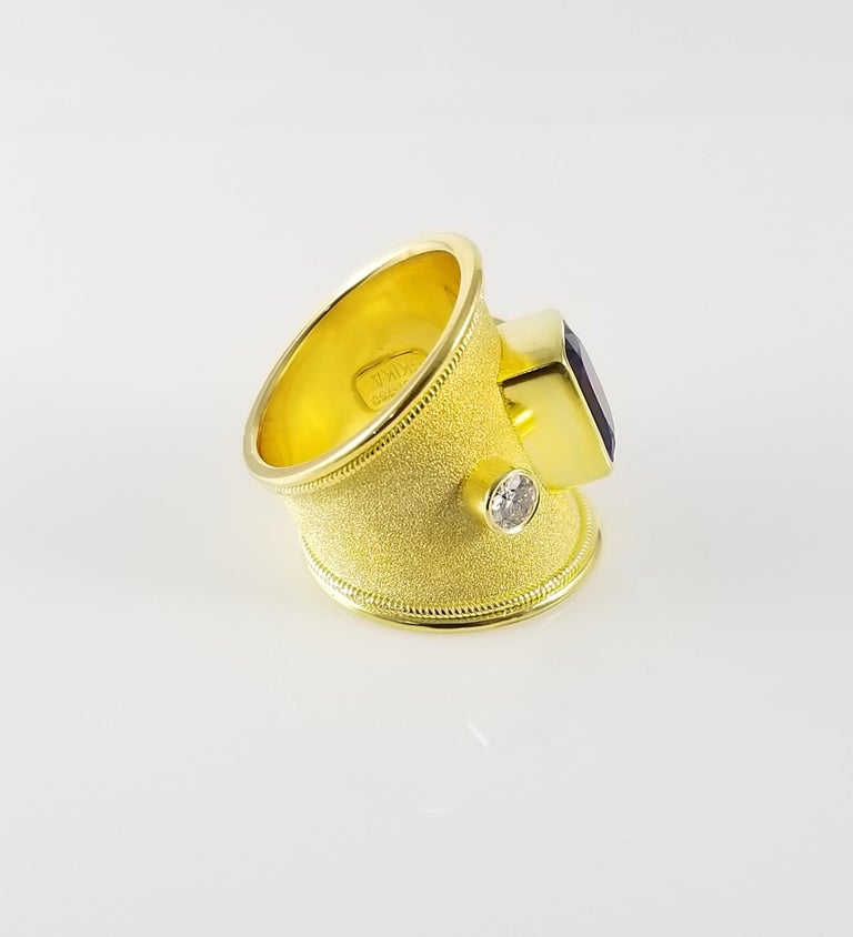 18 Karat Yellow Gold Tanzanite Cushion Cut and Diamond Ring
