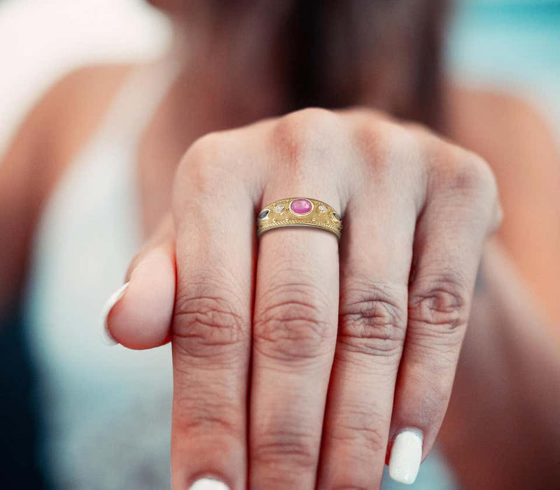 18 Karat Yellow Gold Ruby Sapphire and Diamond Band Ring