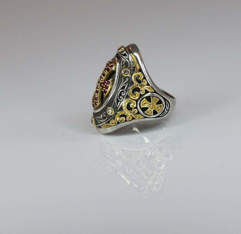 18 Karat Gold and Silver Ring with Diamonds and Ruby Cross
