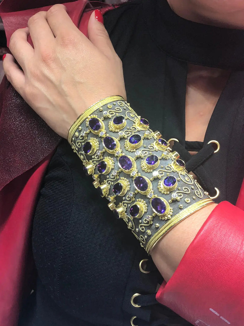 Georgios Collections 18 Karat Solid Gold Diamond Cuff Bracelet with Amethysts