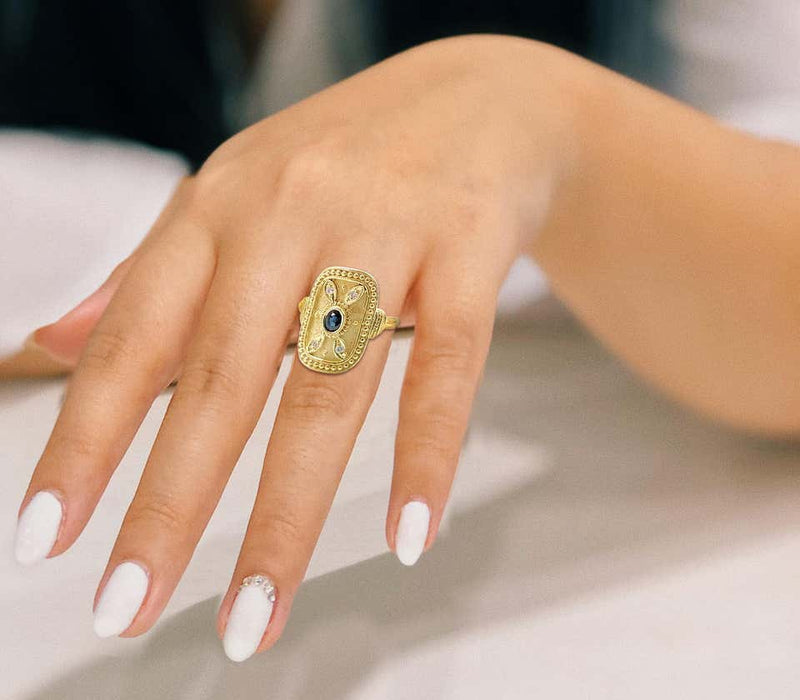 18 Karat Yellow Gold Sapphire and Diamond Byzantine Ring