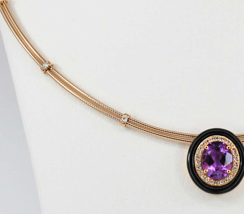 18 Karat Gold Amethyst Enamel and Diamond Pendant Necklace