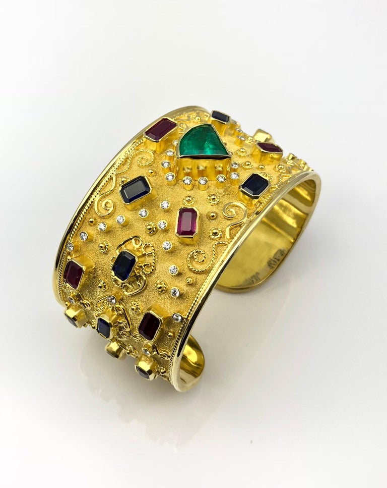 18 Karat Yellow Gold Emerald Bracelet with Rubies Sapphires