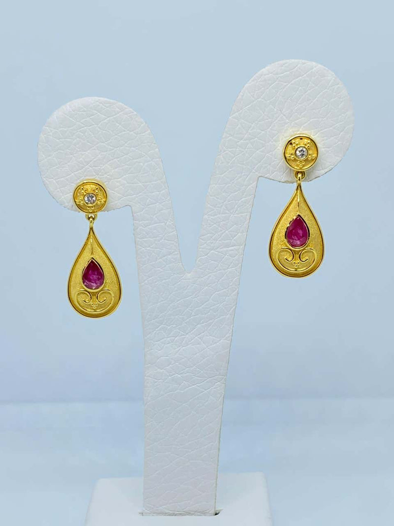 18 Karat Yellow Gold Diamond and Ruby Pear Drop Earrings
