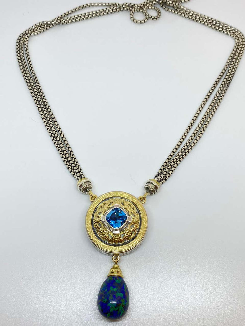 18 Karat Gold and Silver Topaz and Lapis Pendant Necklace