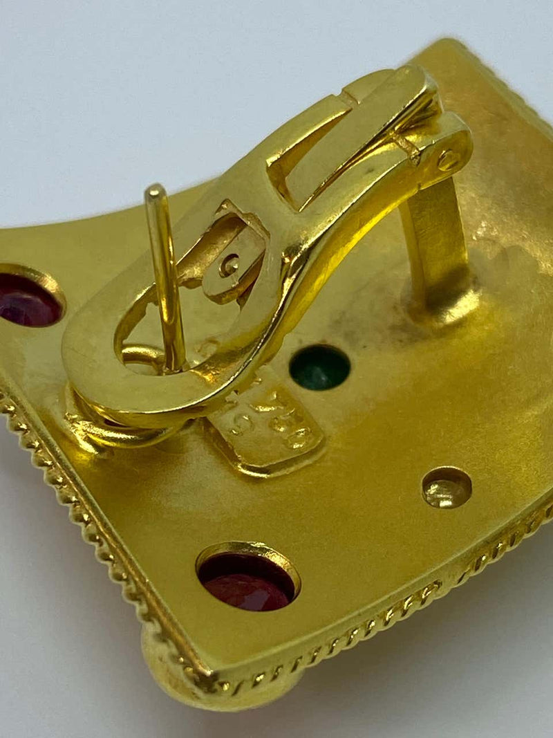 18 Karat Yellow Gold Emerald Diamond Ruby Sapphire Earrings