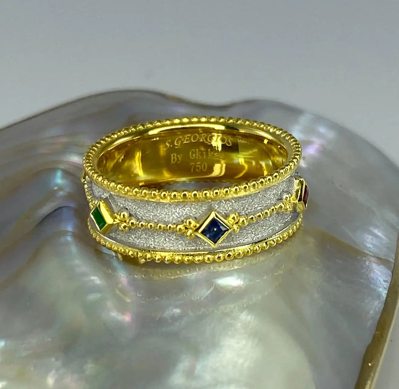 Georgios Collections 18 Karat Gold Byzantine Ring with Ruby Sapphire Emerald