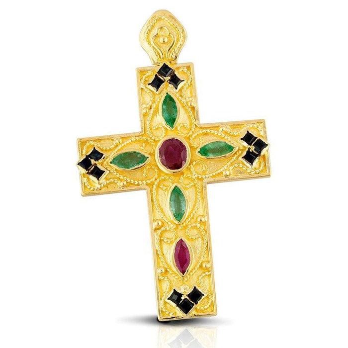 18 Karat Gold Ruby, Sapphire and Emerald Byzantine Cross