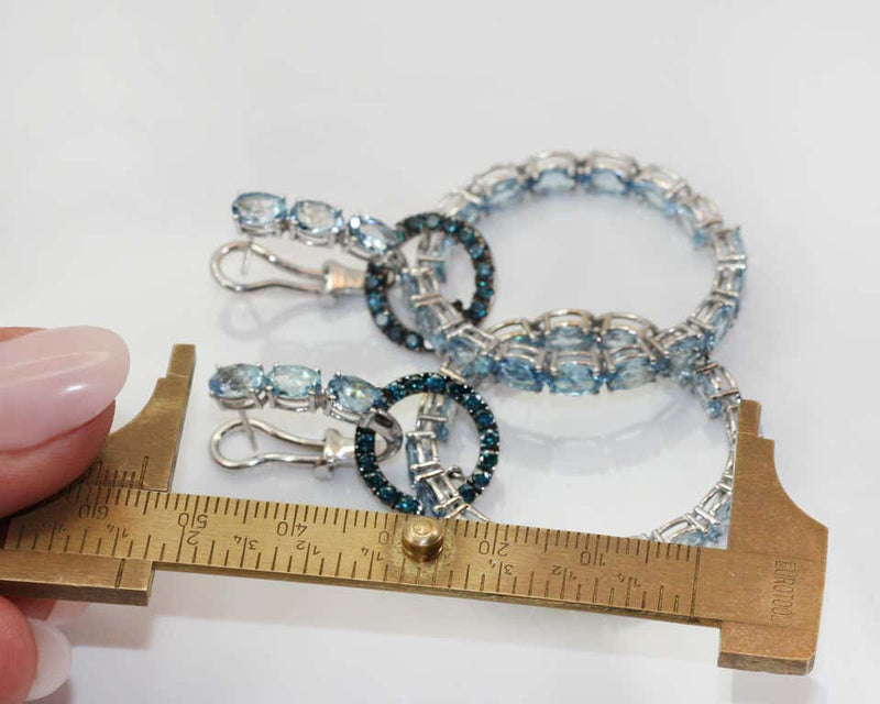White Gold Blue Diamond Aquamarine Adjustable Hoop Earrings