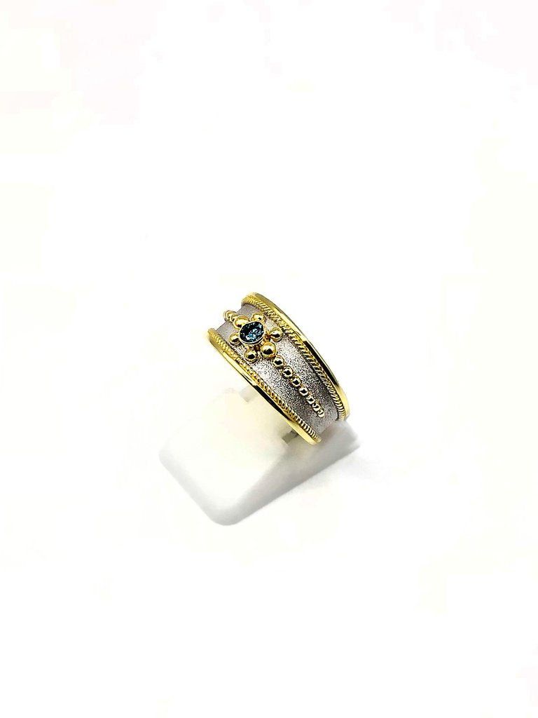 18 Karat Two Tone Gold Blue Diamond Ring with Granulation