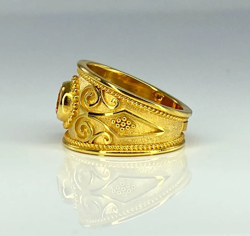 18 Karat Yellow Gold Byzantine Style Orange Sapphire Ring