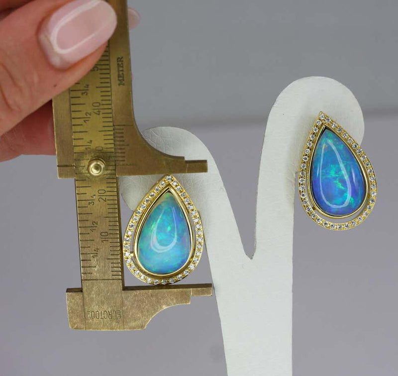 18 Karat Yellow Gold Pear Shape Opal and Diamond Earrings