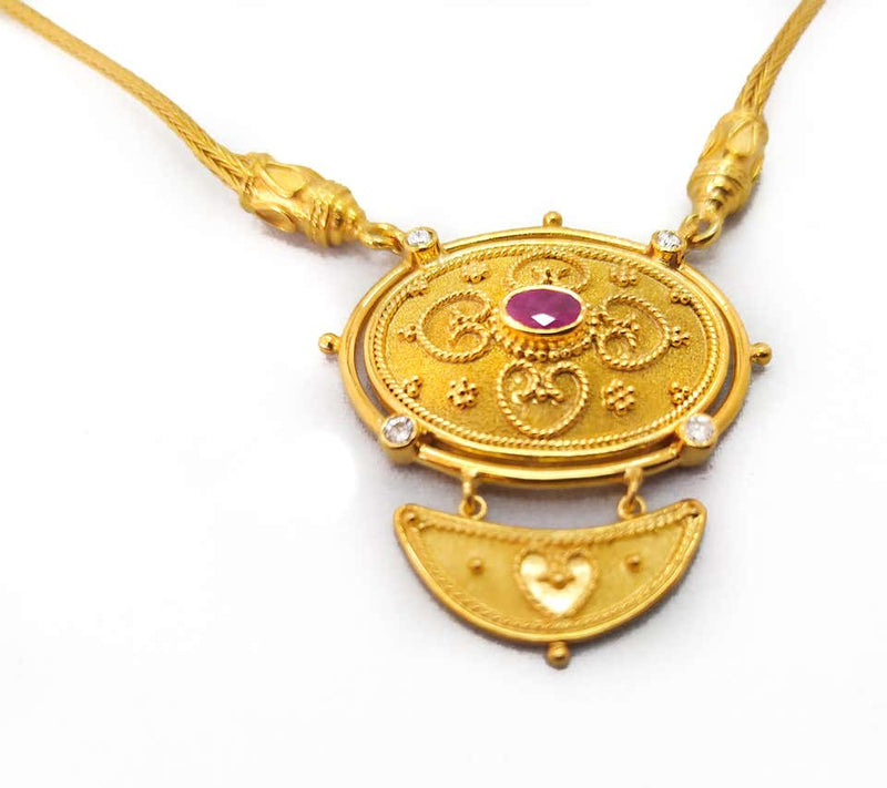 18 Karat Yellow Gold Diamond Ruby Drop Pendant Necklace