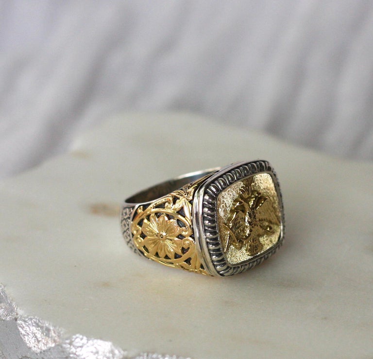18 Karat Gold and Silver Ring with Double Headed Eagle