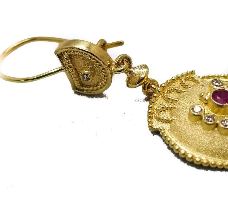 18 Karat Yellow Gold Diamond Ruby Dangle Drop Earrings