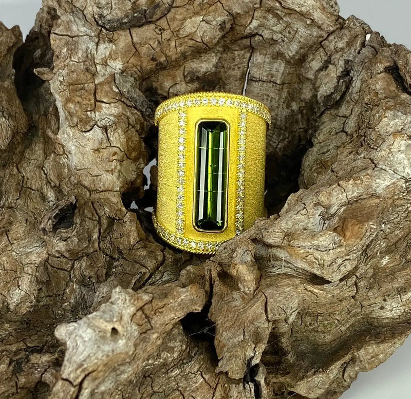 18 Karat Yellow Gold Tourmaline and Diamond Wide Ring