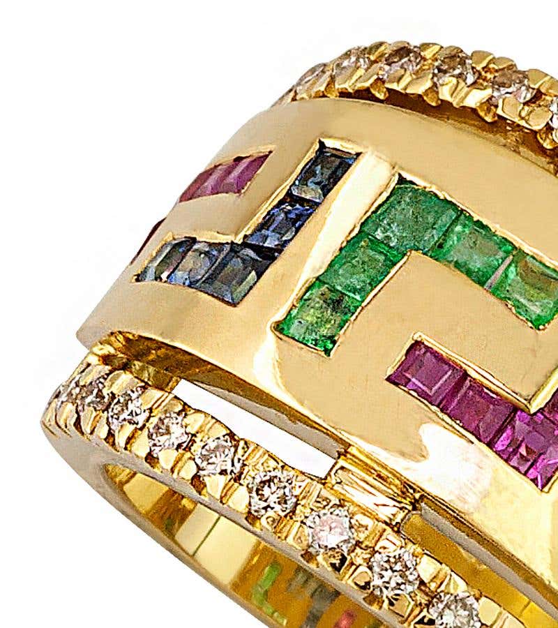 18 Karat Yellow Gold Diamond Sapphire Ruby Emerald Key Ring