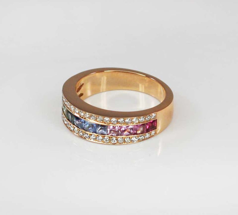 18 Karat Rose Gold Rainbow Sapphire and Diamond Band Ring