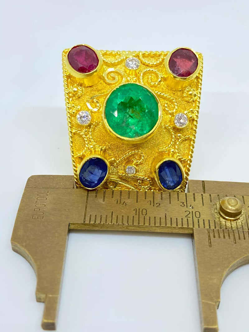 18 Karat Yellow Gold Emerald Diamond Ruby Sapphire Earrings