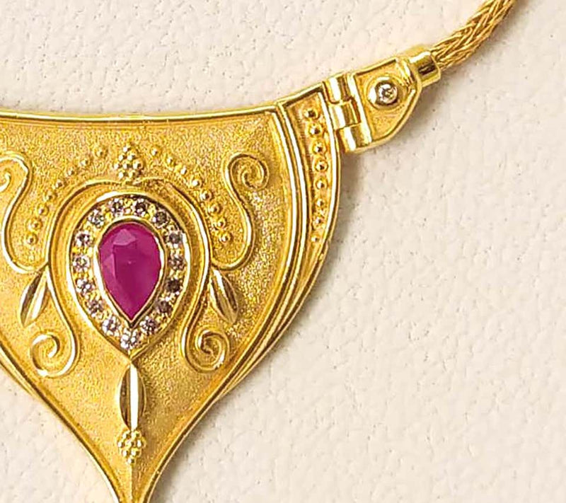 18 Karat Yellow Gold Diamond Ruby Dangle Drop Necklace