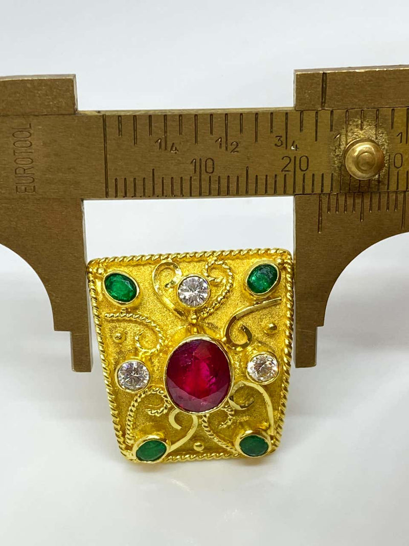 18 Karat Yellow Gold Diamond Ruby and Emerald Earrings