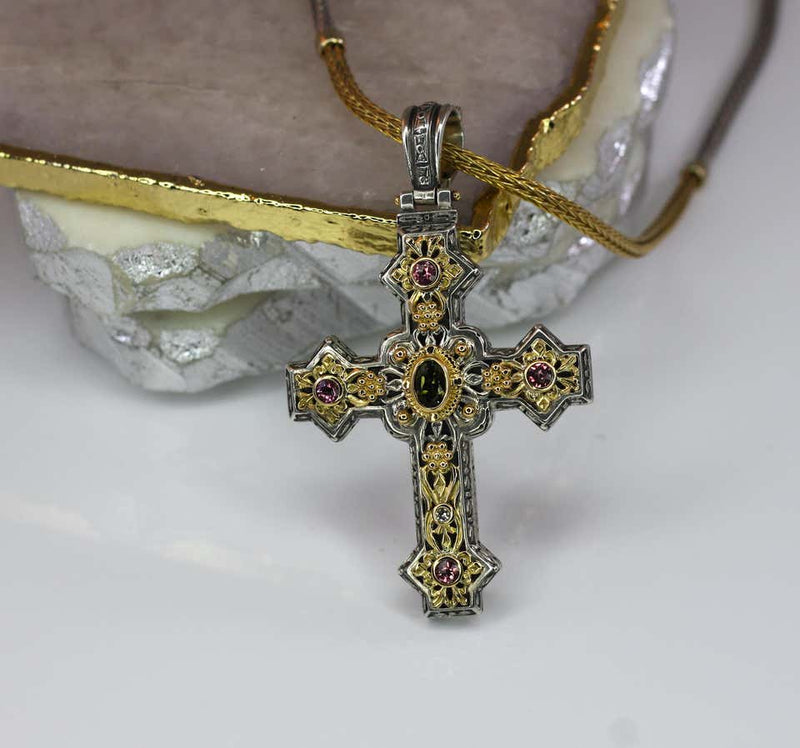 18 Karat Gold and Silver Tourmaline Diamond Cross Pendant