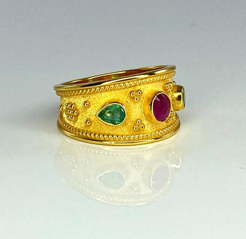 Georgios Collections 18 Karat Yellow Gold Byzantine Style Ruby and Emerald Ring