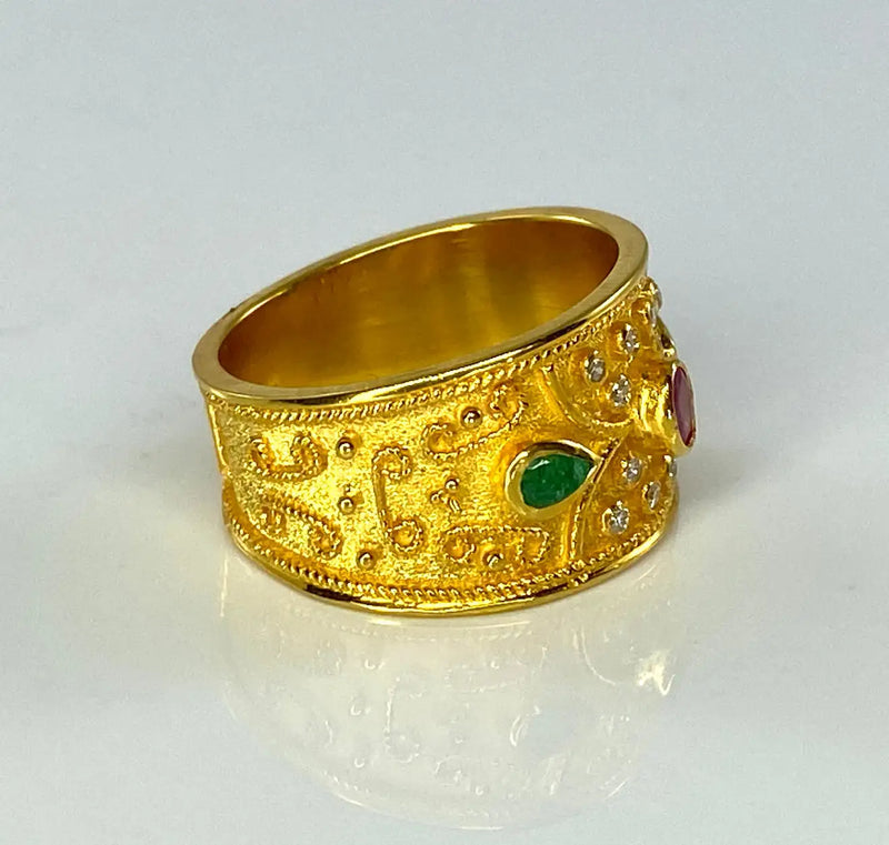 Georgios Collections 18 Karat Yellow Gold Byzantine Ruby Emerald Diamond Ring