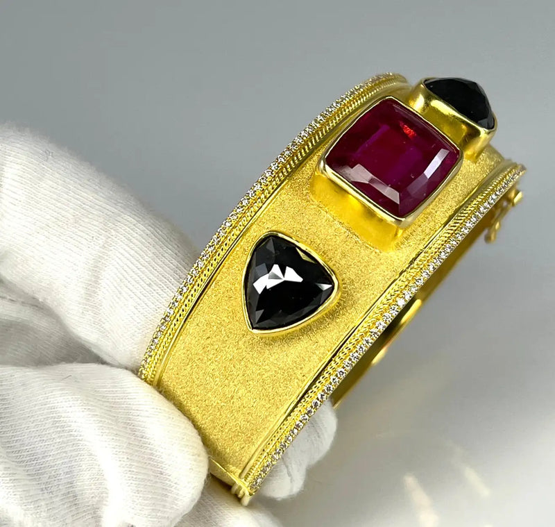 Georgios Collections 18 Karat Yellow Gold Black Diamond and Tourmaline Bracelet
