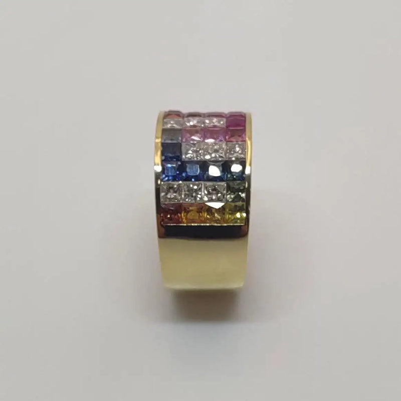 18 Karat Yellow Gold Diamond Multi-Color Sapphire Band Ring