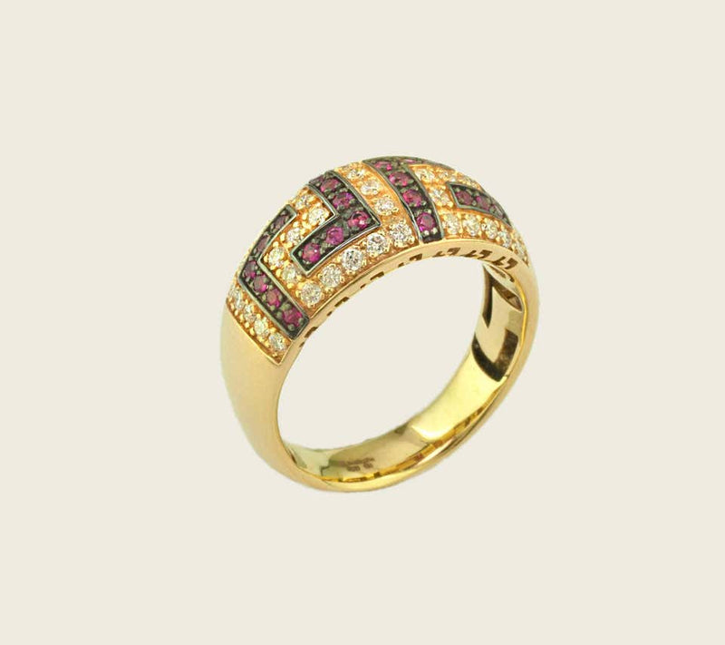 18 Karat Yellow Gold Ruby Diamond Two-Tone Greek Key Ring