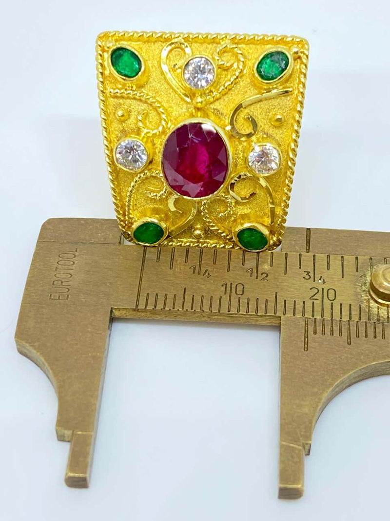 18 Karat Yellow Gold Diamond Ruby and Emerald Earrings